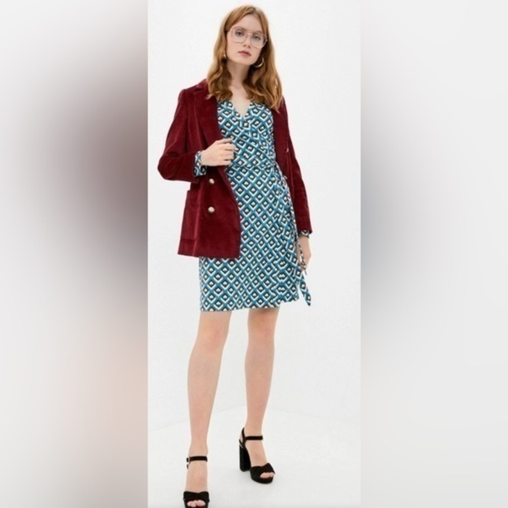 Diane Von Furstenberg teal black geometric Long sleeve midi shift dress size 8